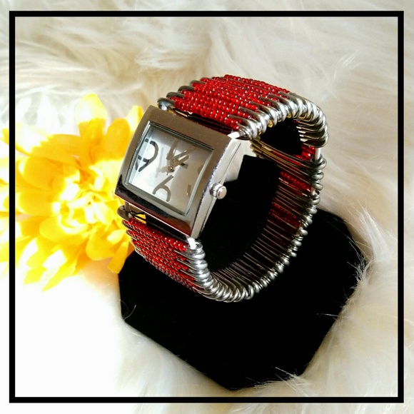 Beautiful Bright Red Seed Beaded Safty Pen Watch - Picture 2 of 5